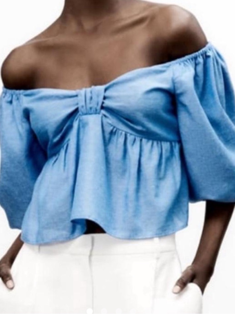Zara linen blend Puff-Sleeve bow front Top off shoulder